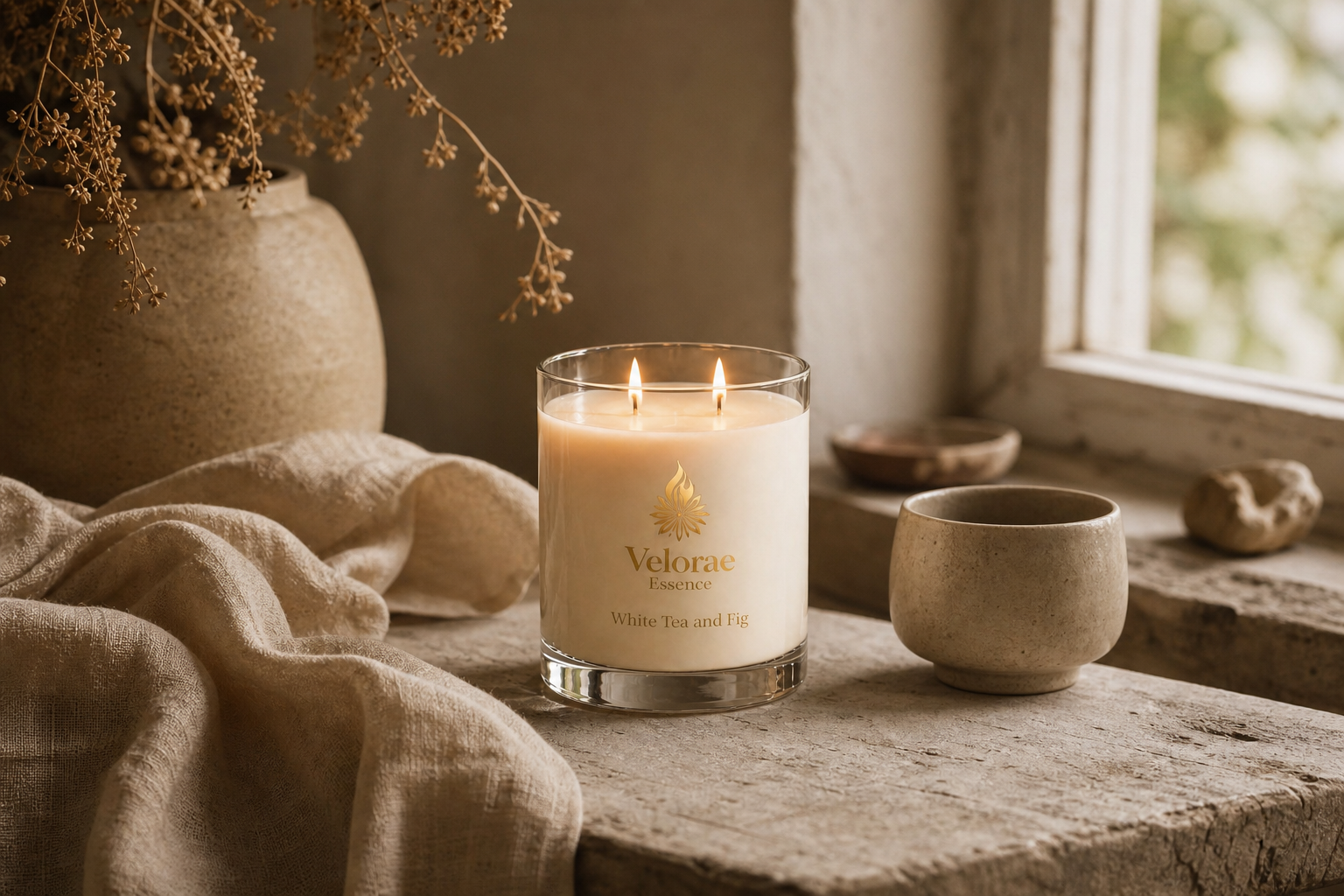 A lit Velorae White Tea and Fig candle, natural linen, and a ceramic cup near a quiet window — a scene of inner stillness