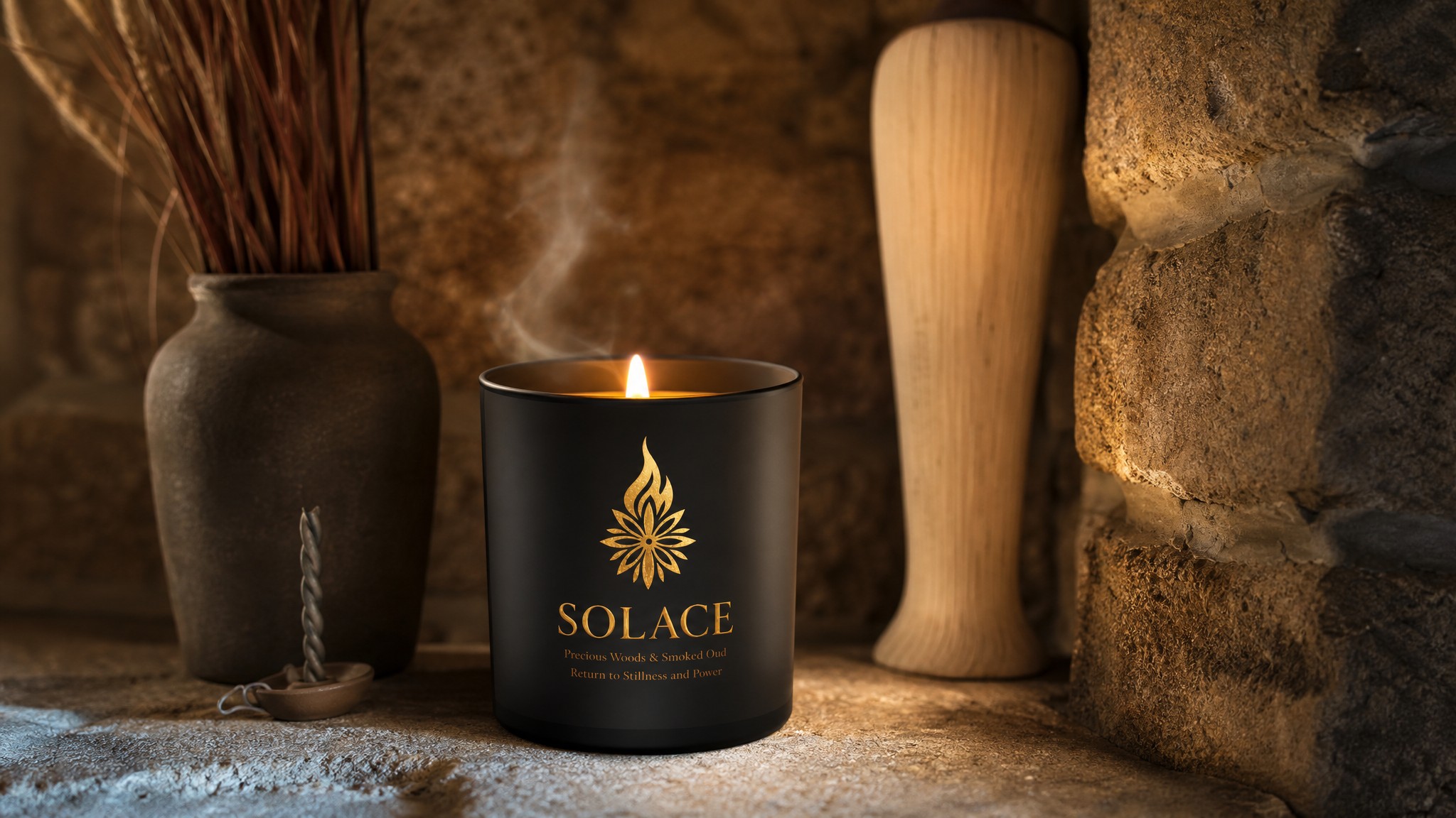 Velorae Essence Solace candle in matte black vessel