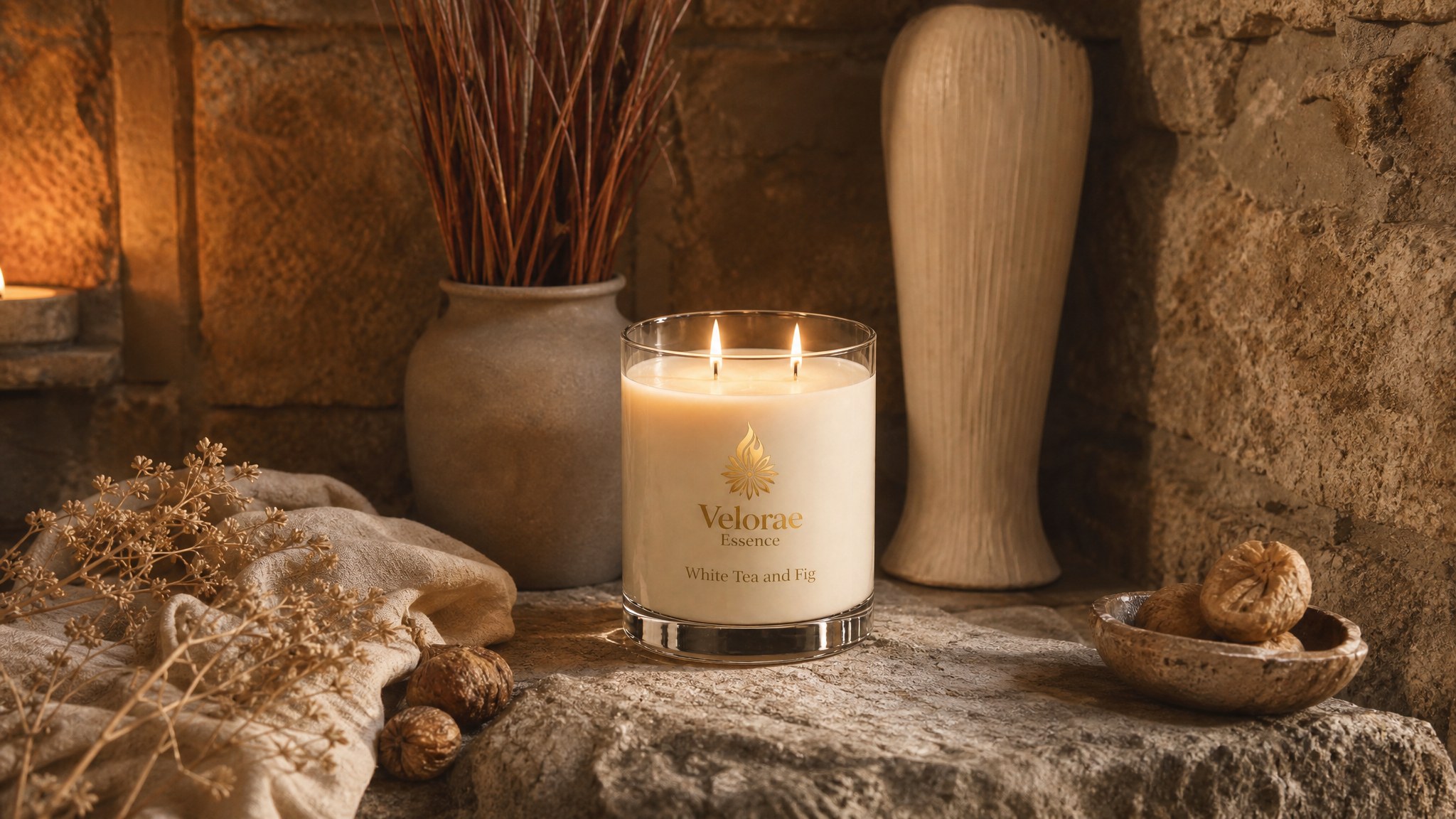 Velorae Essence White Tea and Fig candle lit on aged stone