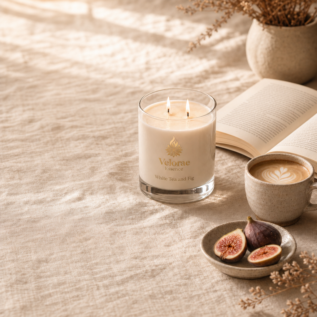 Phase I — The Doorway. White Tea & Fig candle beside an open book and a warm latte