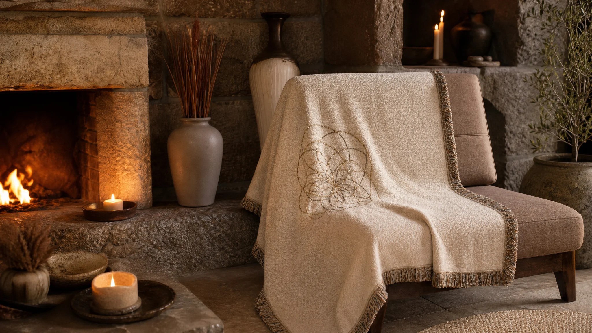 Connected by Design luxury cotton blanket with gold seed of life embroidery