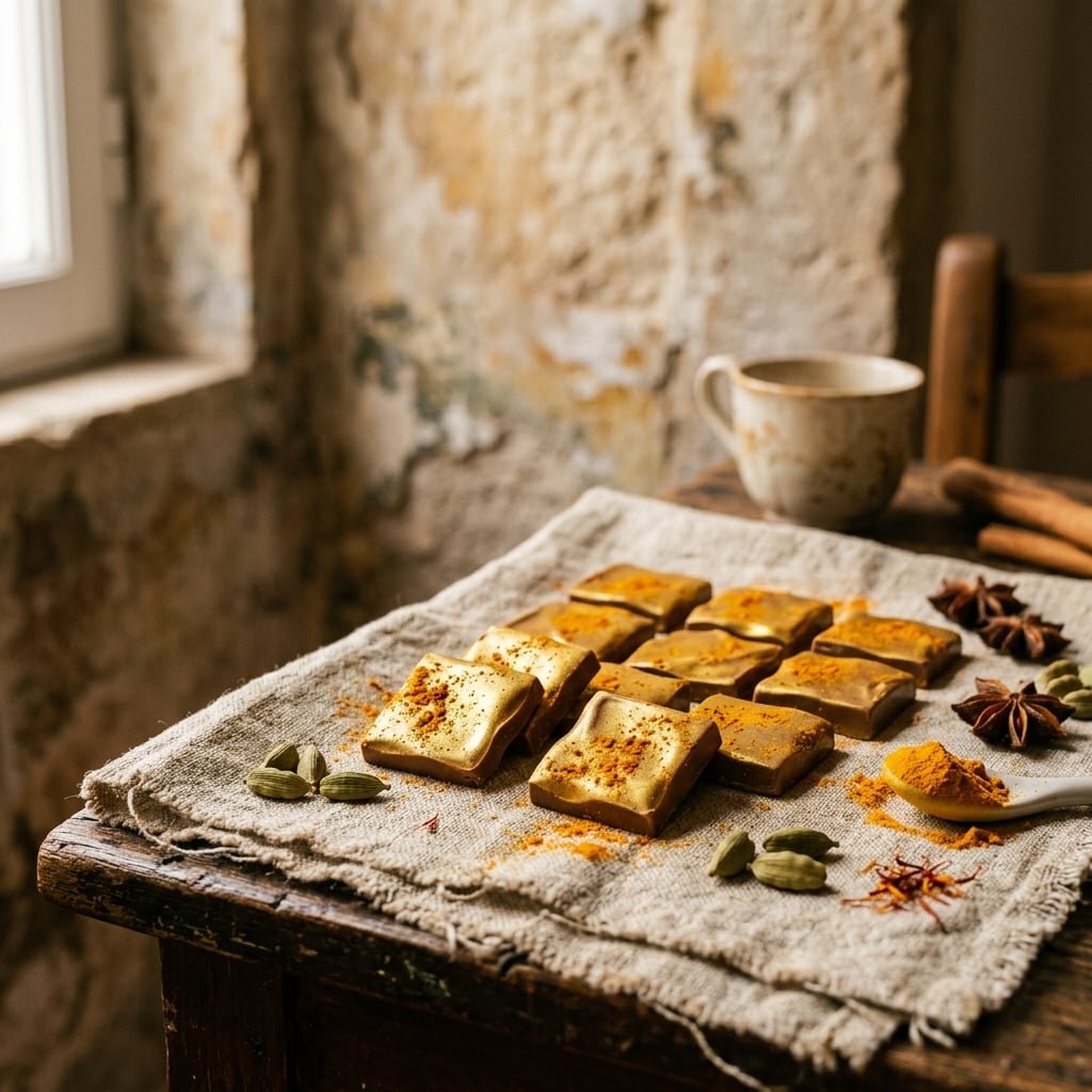 Golden milk chocolate squares with turmeric and cardamom