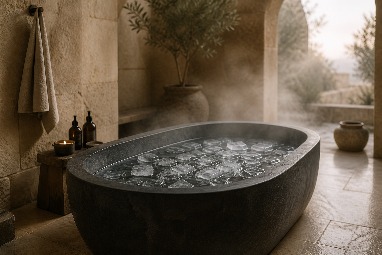 A stone cold plunge tub filled with ice in an open-air Old-World sanctuary with candles, amber bottles, and soft morning mist
