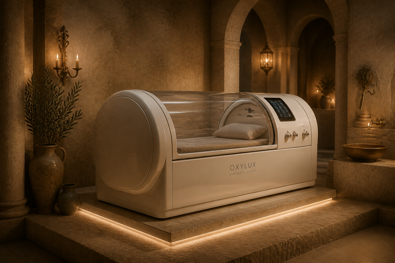 A hyperbaric oxygen chamber on a glowing stone platform in a warm candlelit sanctuary with olive branches and brass accents