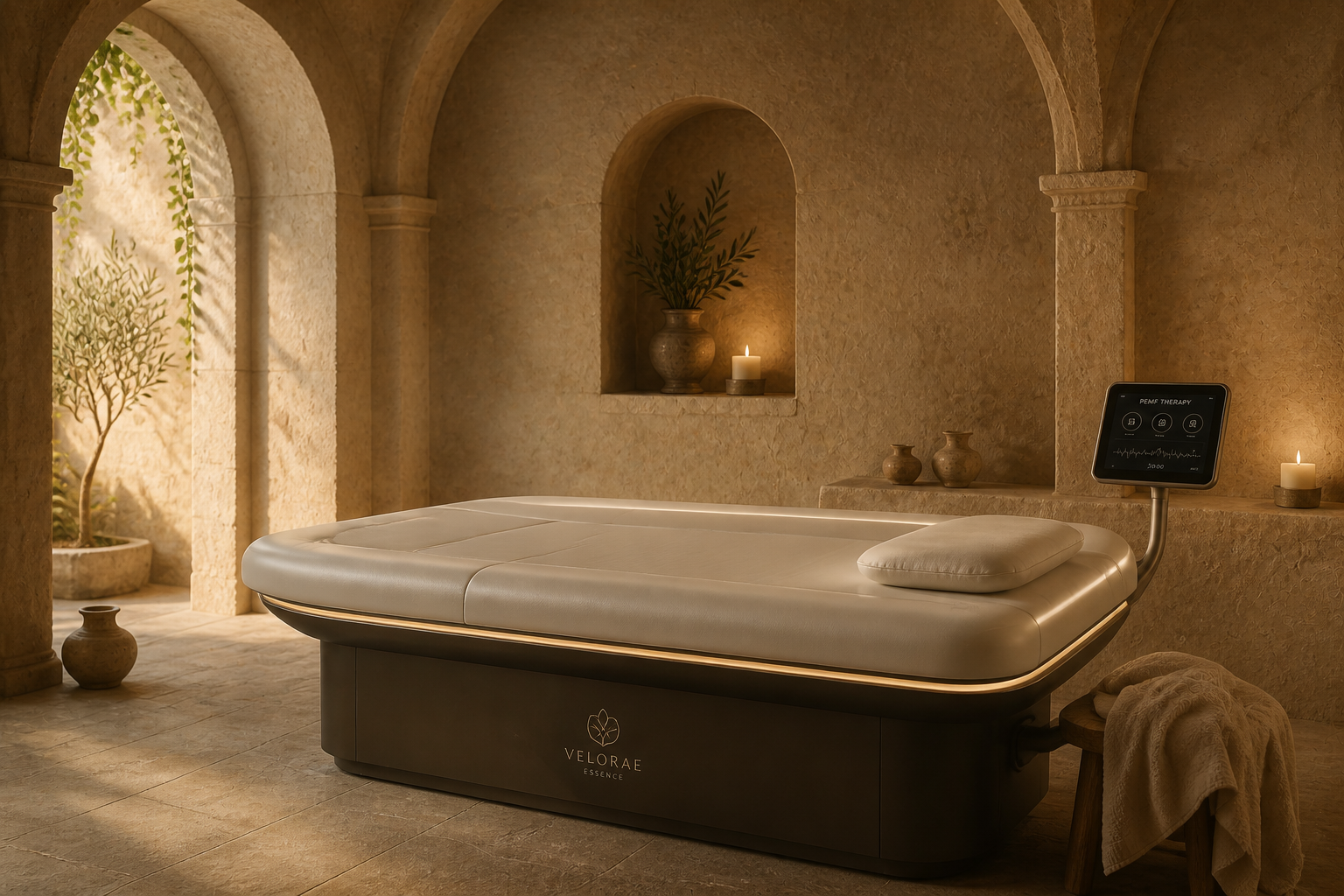 A luxury PEMF therapy bed in a sunlit Old-World stone room with olive branches, candles, and warm linen — a restorative wellness ritual