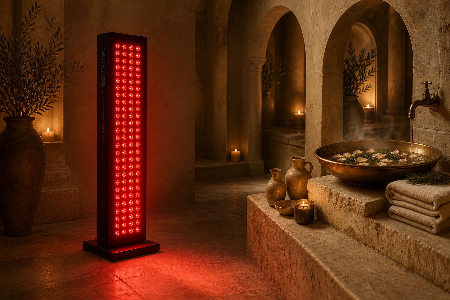 A red light therapy panel glowing in a warm stone sanctuary with candles, olive branches, and a brass basin — an Old-World ritual space