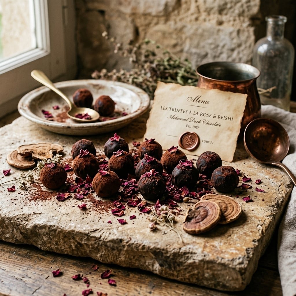 Dark chocolate truffles with rose petals and reishi mushroom