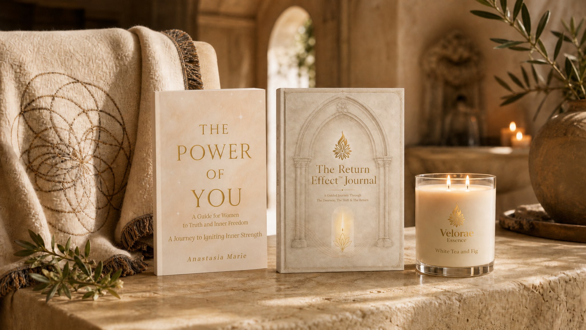 The Return Starter Ritual Bundle — The Power of You book, The Return Effect Journal, and White Tea and Fig candle arranged on a warm stone surface