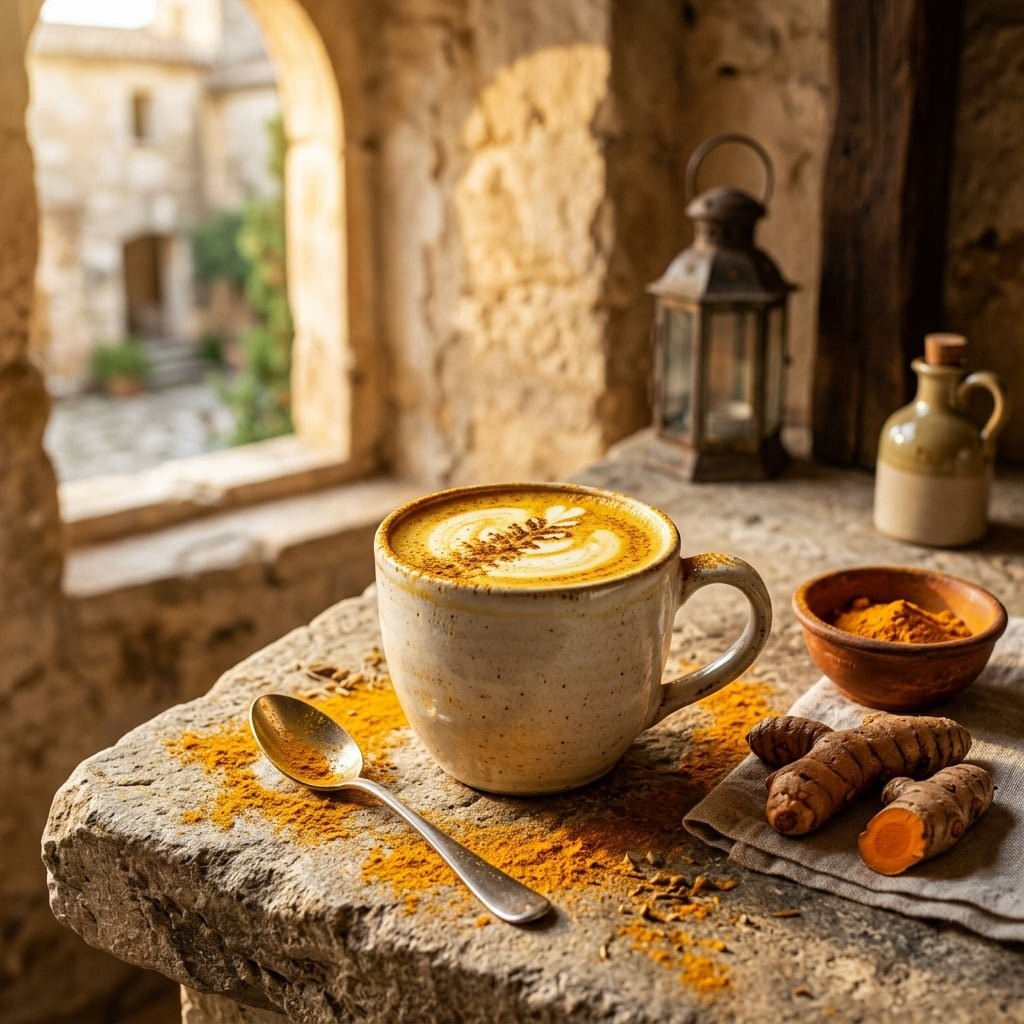 Sunrise Gold Blend turmeric-spiced coffee in golden light
