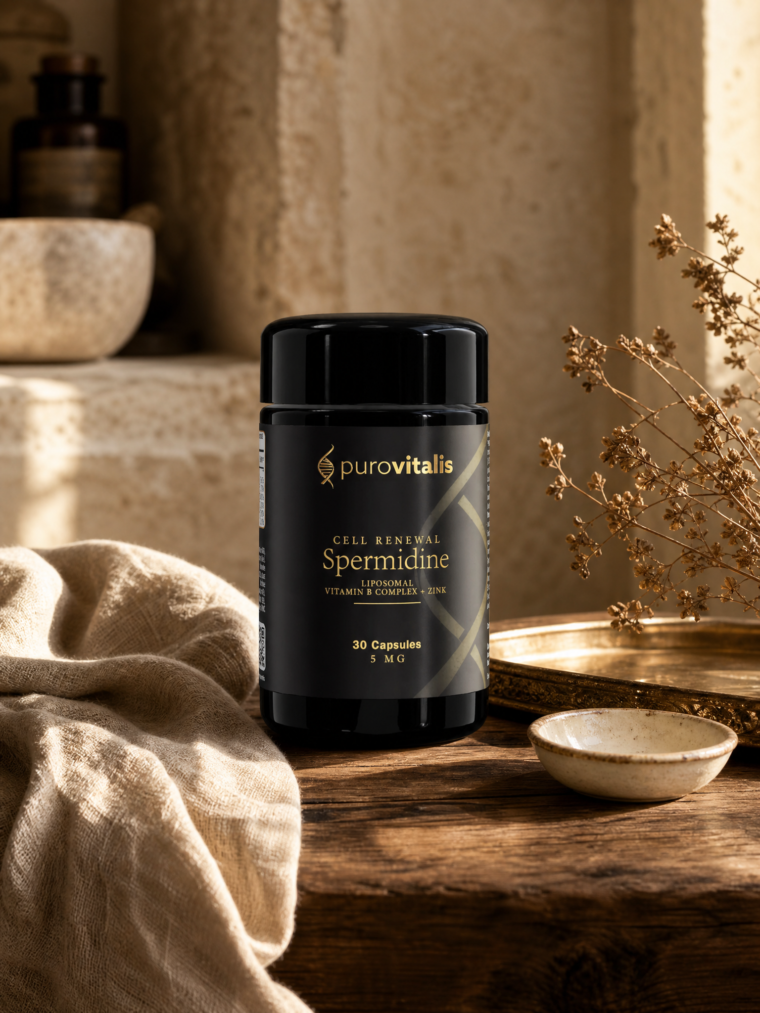 Velorae Essence Cell Renewal Spermidine liposomal supplement in a black glass jar on aged wood with dried flowers