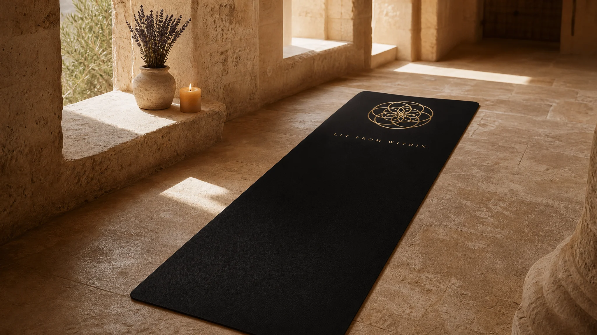 Lit from Within yoga mat — warm toned premium non-slip mat with gold geometric pattern