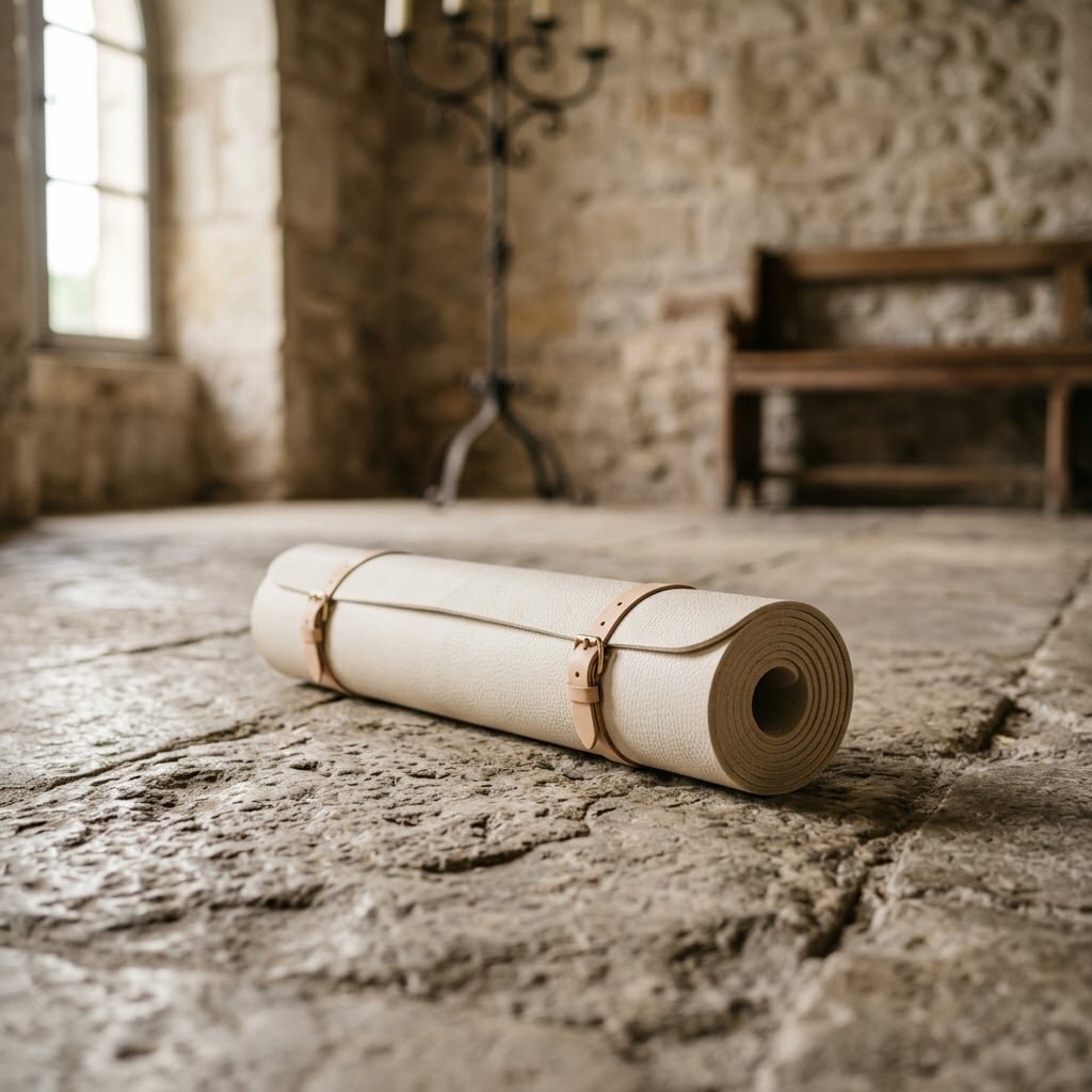 Seed of Life yoga mat in warm stone cream tones on stone floor